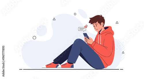 Young man in hoodie using smartphone, receiving notification, modern flat illustration
