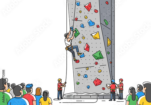 Man climbing indoor rock wall with safety rope and belayer.
