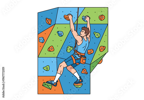 Man Climbing Indoor Rock Climbing Wall Exercising.