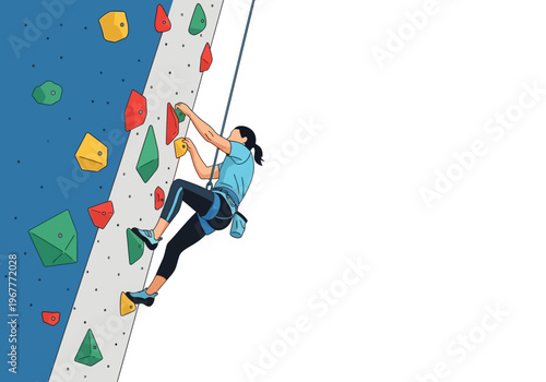 Woman Climbing Indoors on Artificial Wall with Colorful Holds.