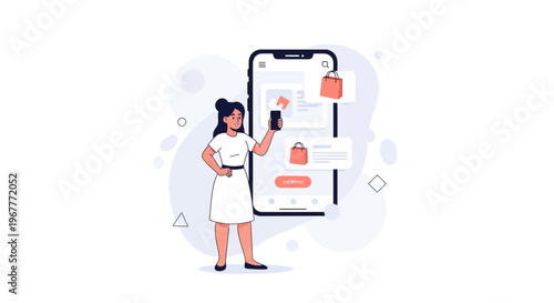 Woman using mobile app for online shopping with shopping bags and product display