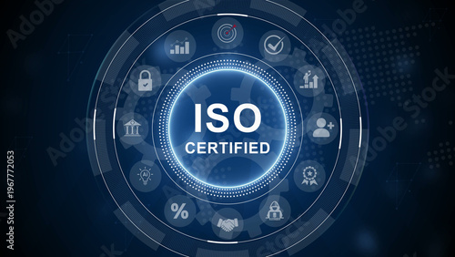 Fotografie ISO certified quality management concept with glowing text on industrial metal gears