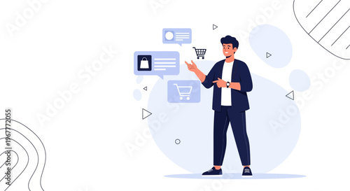 Man interacting with online shopping interface, e-commerce concept