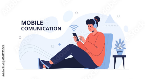 Woman with Headphones Using Smartphone, Mobile Communication Concept
