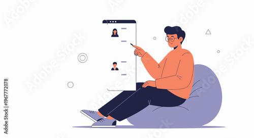 Man sitting on beanbag chair selecting profile from online list on screen