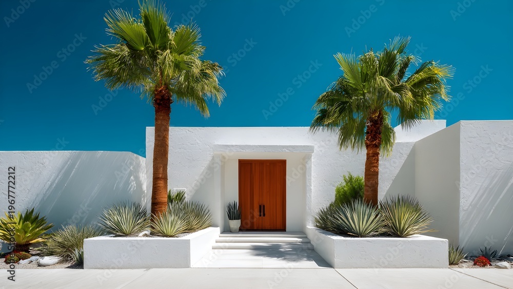 Fototapeta premium Modern Symmetrical White Stucco Desert Villa with Palm Trees and Xeriscape