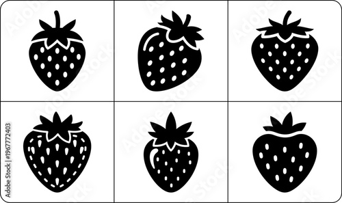 Six matching black strawberry shapes with white outlines and seeds arranged in two-row layout with minimalist vector aesthetic