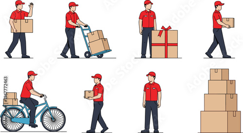 Cartoon illustration of delivery worker in red uniform handling packages, boxes, and transportation in multiple poses, representing logistics, courier service, shipping, and supply chain operations