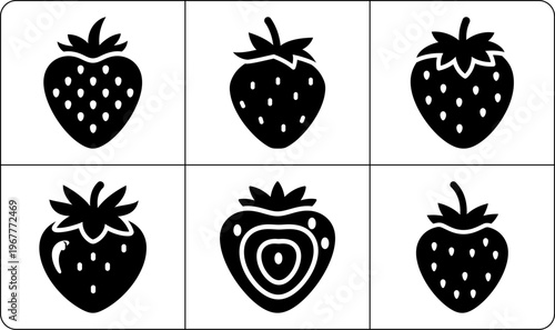 Two-row layout of black strawberry silhouettes with white seeds and leaves in minimalist panel arrangement