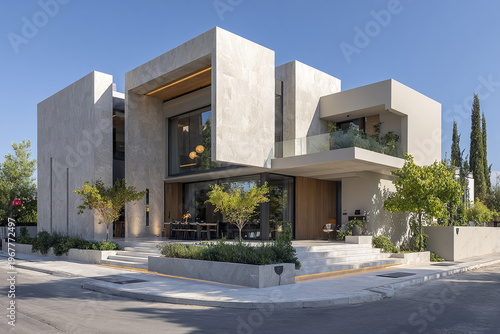 Modern cubic house design with clean lines and neutral tones featuring large windows, balcony, and landscaped greenery under clear blue sky, creating serene and elegant atmosphere