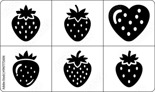 Six panel units with black strawberry silhouettes and white highlights in minimalist two-row composition