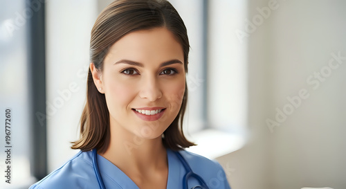 A smiling young nurse in blue scrubs with a stethoscope around her neck