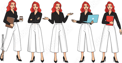 Cartoon illustration of professional red-haired woman in black blouse and white pants, shown in five different poses with work items, symbolizing business, education, and office scenarios.