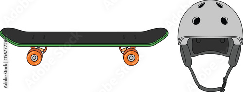 Cartoon illustration of skateboard with orange wheels and safety helmet, representing extreme sports equipment, protective gear, urban lifestyle, and recreational outdoor activity design.