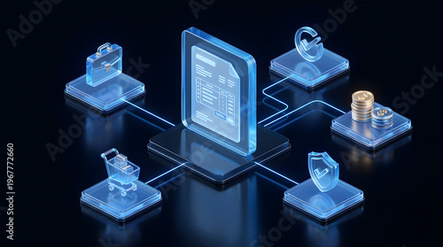 futuristic isometric digital invoice and online payment concept with glowing blue icons of shopping cart briefcase golden coins security shield and verified transaction checkmark