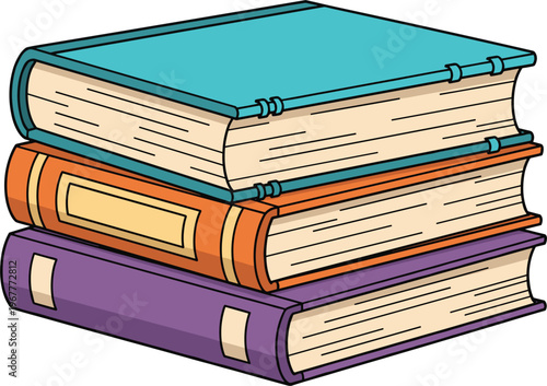 Cartoon illustration of stacked hardcover books with colorful covers, representing reading, education, literature, knowledge, learning resources, academic study, library concept,
