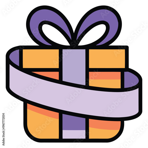 Colorful gift box with a decorative purple ribbon bow on top