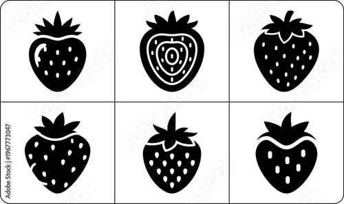 Minimalist flat style collection of black strawberry silhouettes with varied details including sliced view