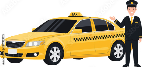 Cartoon illustration of yellow taxi cab with professional smiling driver in uniform standing beside vehicle, urban transportation service concept for city travel and taxi business