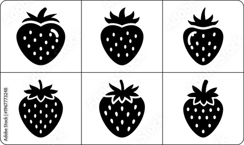 Minimalist vector two-row layout of six black strawberry shapes with white outlines and seeds