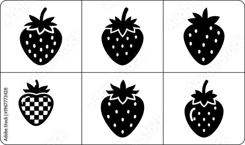 Minimalist flat style two-row layout of black strawberry silhouettes with checkered texture and frowning expression
