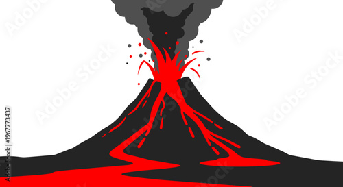 Erupting volcano with lava flow.