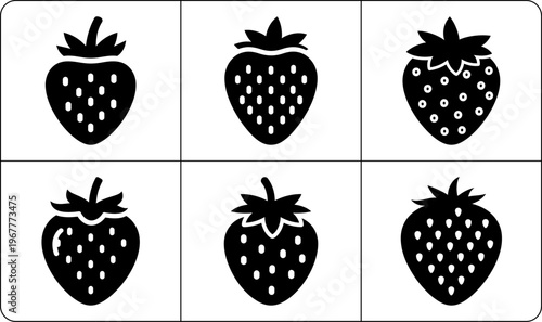 Minimalist two-row layout of six black strawberry silhouettes with white seeds in simple educational style