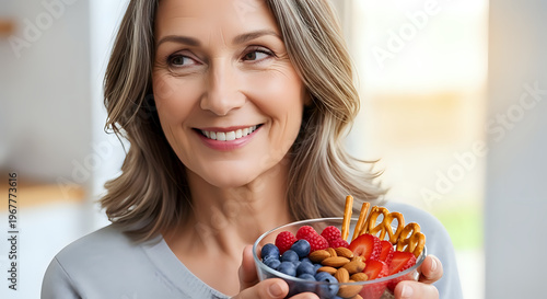 A smiling middle-aged woman holding a bowl of fresh fruit and nuts in a bright room