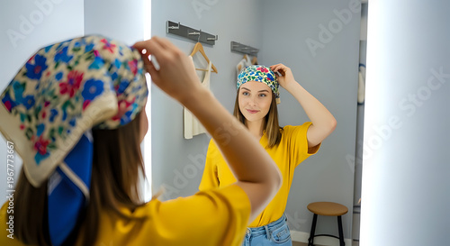 A young woman in a yellow shirt is trying on a colorful headband in front of a mirror