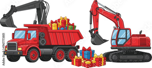 Cartoon red dump truck and excavator carrying colorful gift boxes, construction vehicle holiday delivery illustration, cute heavy machinery christmas surprise vector, festive transport graphics.
