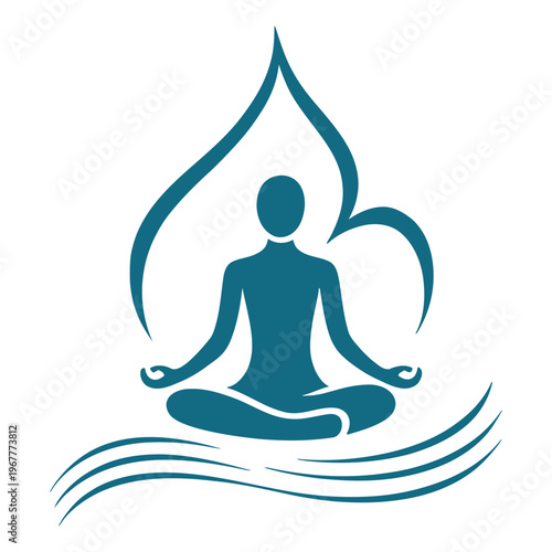 Serene meditation figure enclosed by a protective lotus symbol on wavy lines