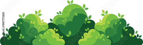 Cartoon style green bushes illustration with layered foliage, rounded shapes, vibrant leaves, isolated on white background for nature, landscape, environment, education, decorative design concepts