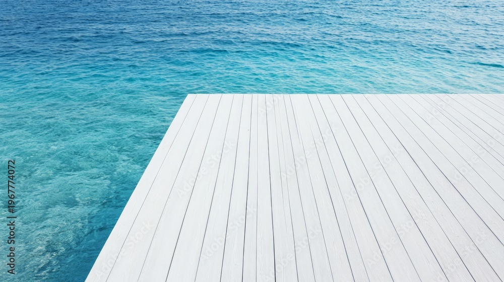 Fototapeta premium Serene Ocean View from a White Wooden Deck Overlooking Turquoise Waters