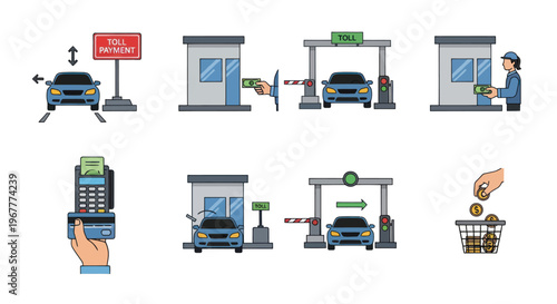 Toll Booth Icons: Car Payment, Collection, and Traffic Flow