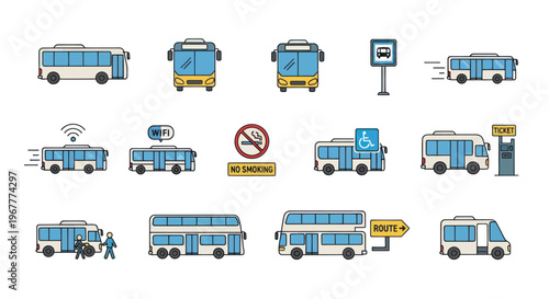 Bus Icons Set: City Transport, Travel, Public Transportation, Mobility, Icons