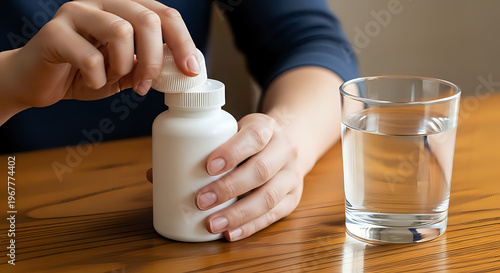 A person preparing to take medication with a glass of water on a wooden table