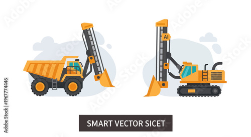 Heavy Construction Equipment: Dump Truck and Excavator Vector Illustration