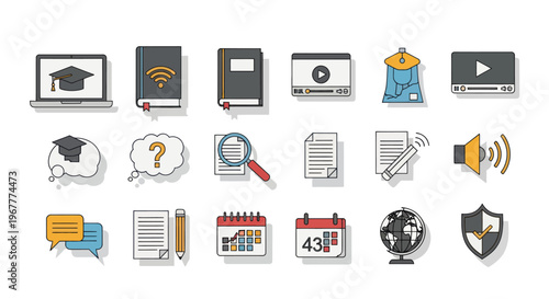 Online Education and Learning Icons Set: Laptop, Books, Video, Globe, Calendar, Shield
