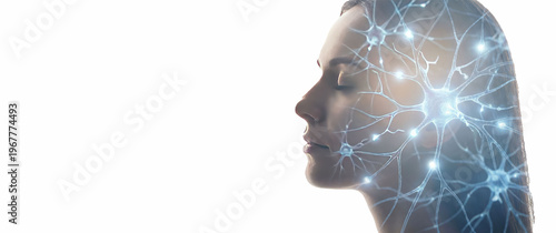 Profile of a woman with a neural network overlay, representing brain activity and cognitive processes, against a bright white background