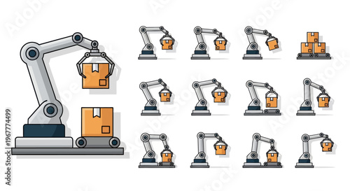 Robotic Arm Assembly Line Icons: Packaging, Logistics, Automation, Industry 4.0