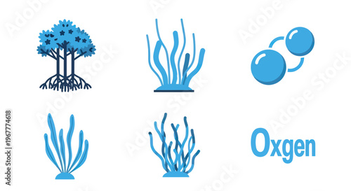 Blue Ecosystem Icons: Mangrove, Seaweed, Oxygen Molecules, Marine Life