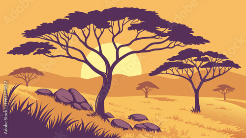 Warm savanna landscape with acacia trees and sunset sky. Wildlife safari scenery vector illustration ideal for travel posters, African themes, and nature backgrounds.