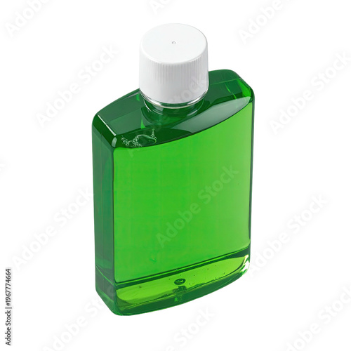 Green antiseptic liquid in a clear plastic bottle with white cap studio shot for product photography and healthcare promotional material