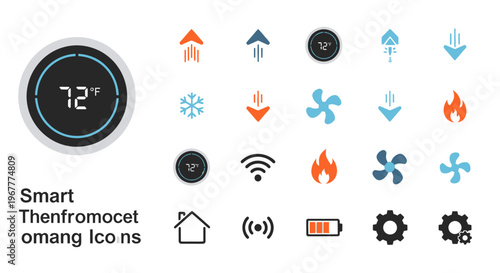 Smart Thermostat and Home Automation Icons Set - Temperature, HVAC, WiFi, Battery, Settings