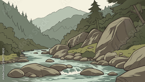 Scenic rocky mountains with river stream and green forest. Outdoor adventure landscape illustration perfect for hiking, camping themes, tourism design, and backgrounds.