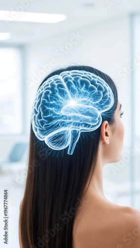Female figure with long dark hair and transparent brain illustration, showcasing neural connections in a bright, modern medical environment