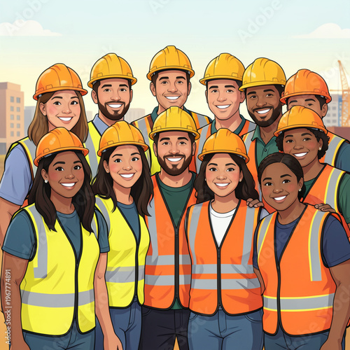 Group of construction workers wearing safety gear posing for a photo