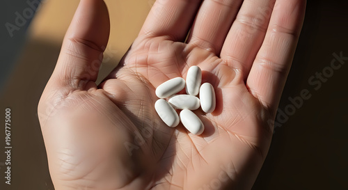 A hand holding several white pills in the palm