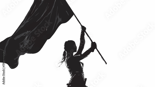silhueta de mulher erguendo bandeira conceito forca e liberdade isolado fundo branco minimalista empoderamento