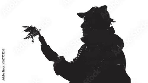 silhueta de agricultor com cenoura recem colhida isolado fundo branco conceito agro colheita rural minimalista